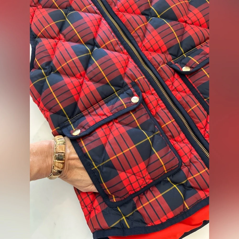 J Crew Excursion Red Navy Size XXS Quilted Vest Down Plaid Puffer Tartan